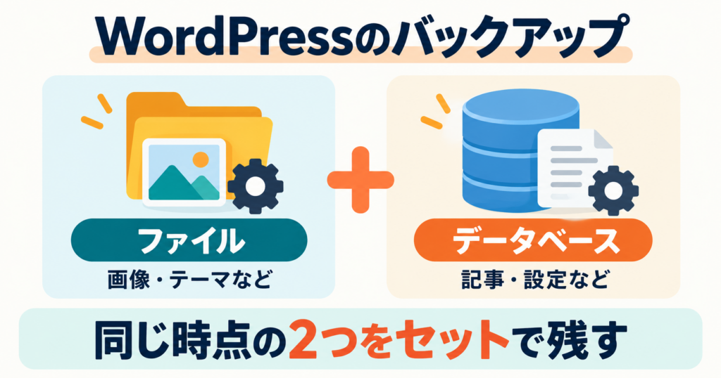 WordPressのバックアップは、画像・テーマなどのファイルと記事・設定などのデータベースを同じ時点のセットで残す